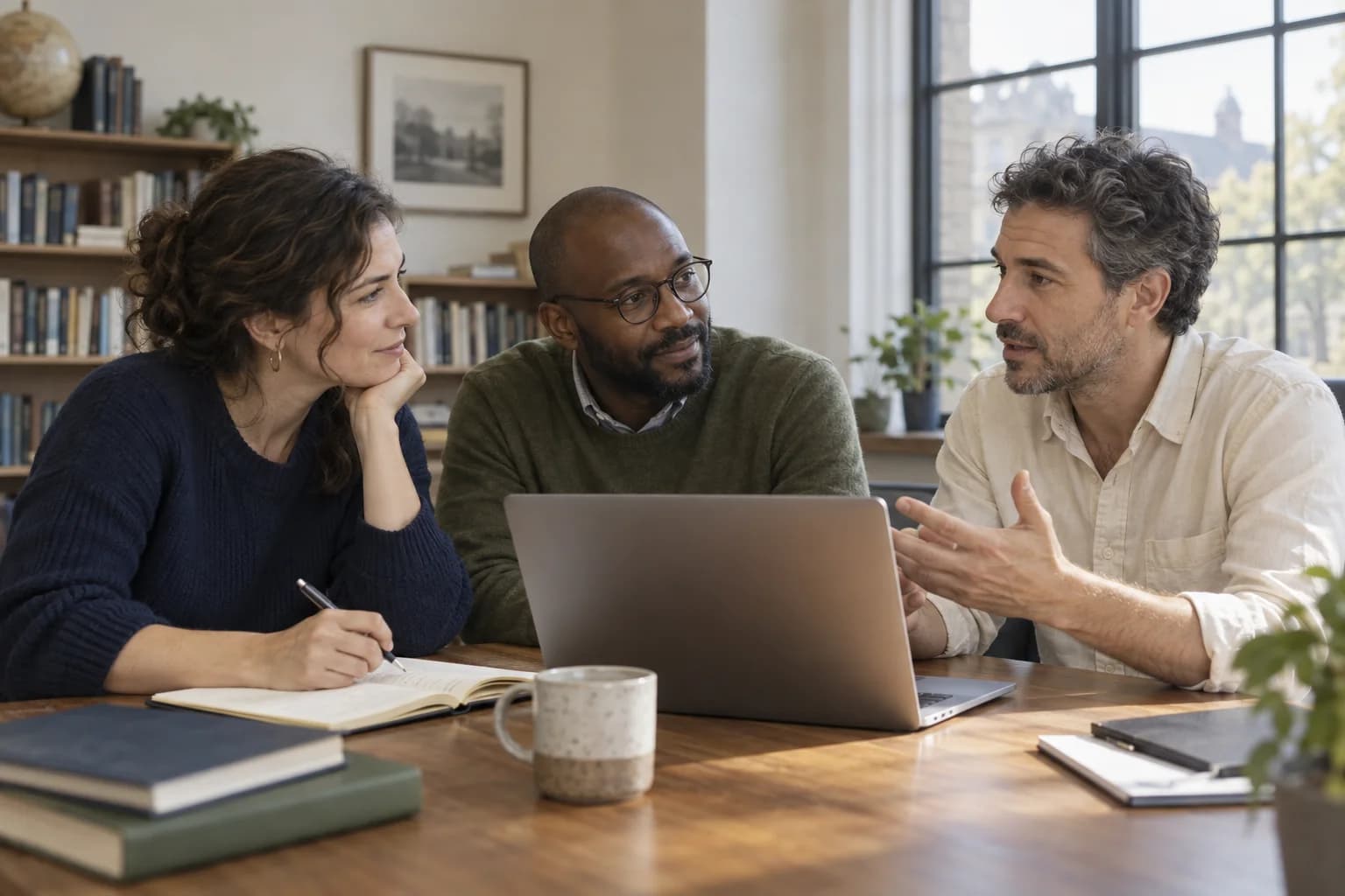 Educators gathered around materials and a computer in an illustrative course-planning scene.